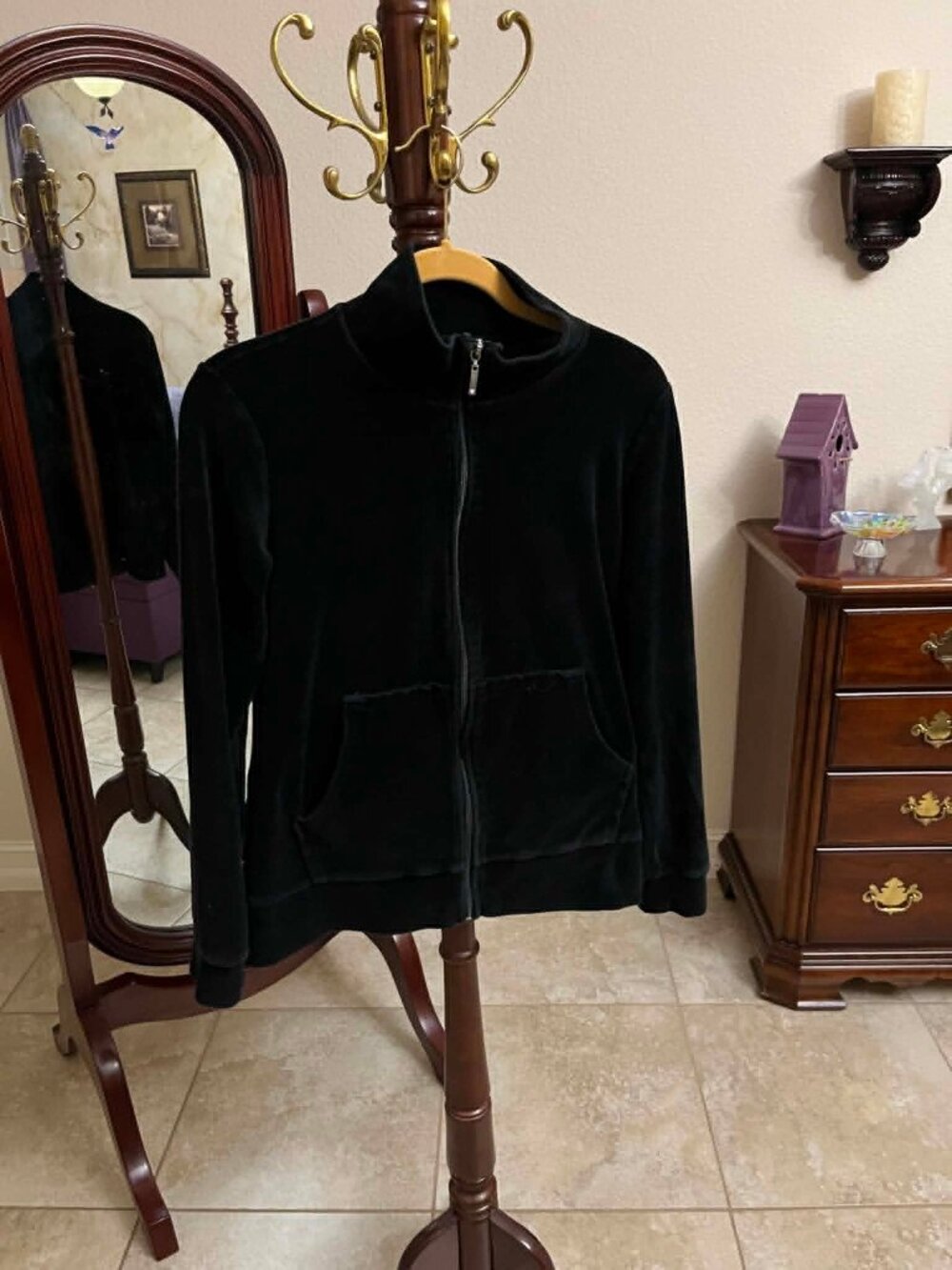 Vintage Y2K Merona Black Velour Tracksuit Set - Mock Neck Jacket & Drawstring Pa